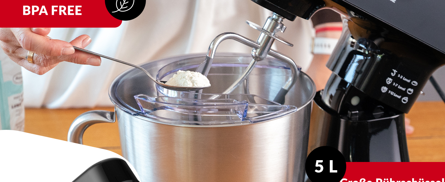 Кухонна машина Lehmann з дисплеєм, 12 швидкостей, функція ферментації з підігрівом, вбудована вага, таймер, міксер з 3 насадками та 5л чашею