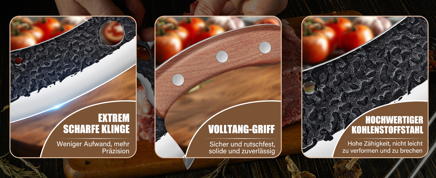 Набір кухонних ножів DRAGON RIOT 3 шт. – ручна ковка, сербський кухонний ніж, ніж для видобування Вікінга, ніж-сікач. Професійний набір для м'яса, BBQ. Подарунок для чоловіків, світло-коричневий.