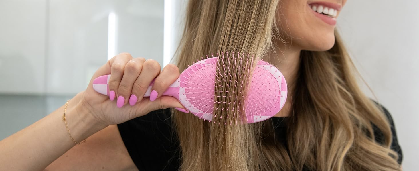 FRAMAR Щітка для волосся без заплутування - для довгого волосся, для жінок, для мокрого волосся, розпушувач, для кучерявого волосся, антизаплутування, рожева в клітинку