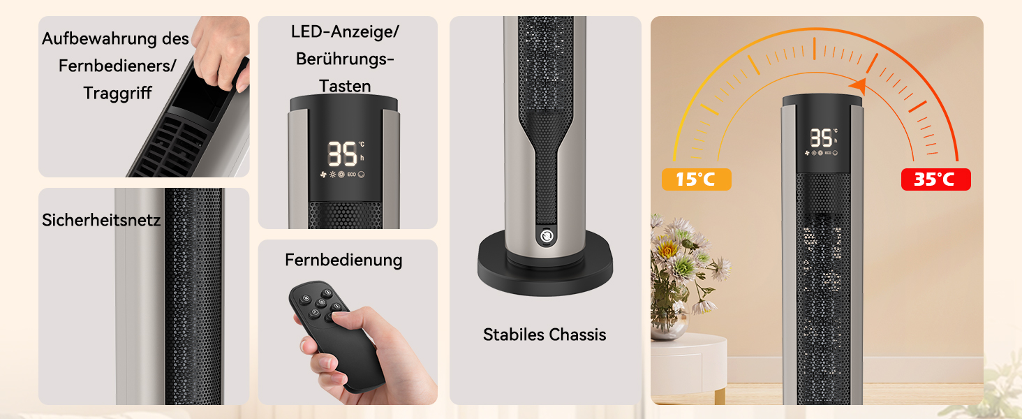 Електричний обігрівач 1500W з PTC керамічним нагрівачем, тихий 34 dB, термостат, таймер 12 год, захист від перегріву та перекидання. Ідеальний для спальні, з пультом дистанційного керування (сірий)