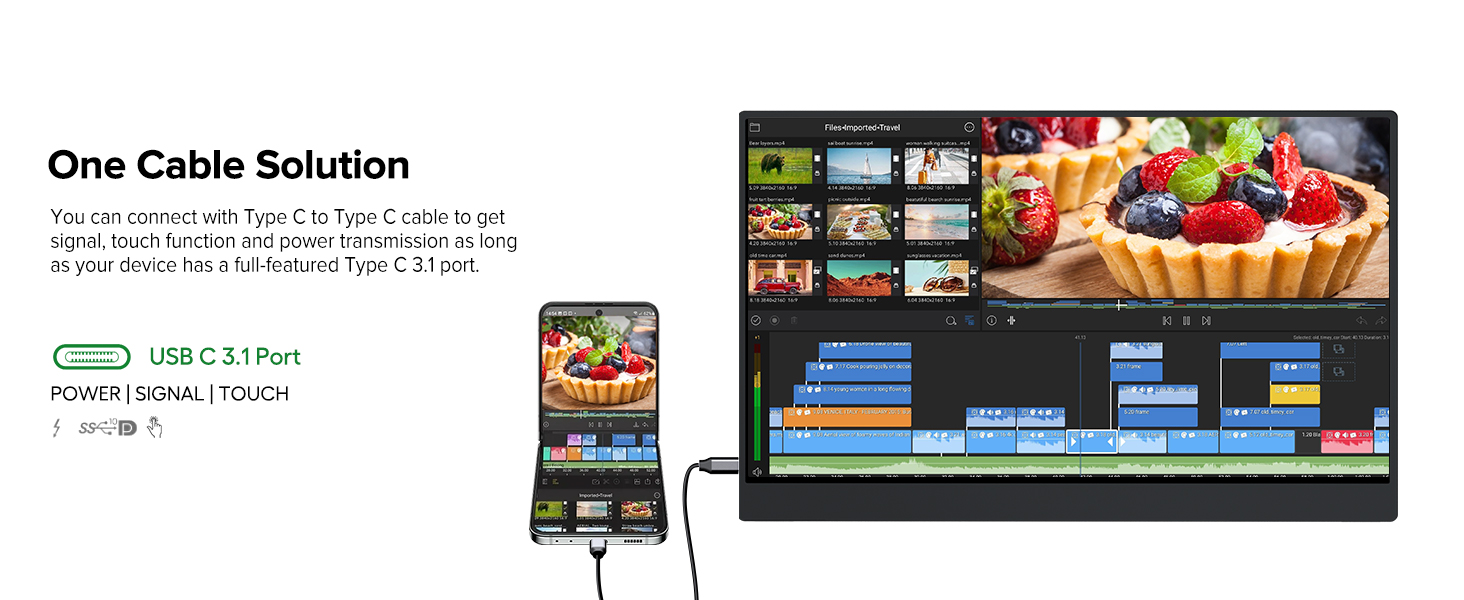 UPERFECT Портативний монітор з сенсорним екраном 15.6' FHD, 125% sRGB, матове покриття, 2000:1 контрастність, VESA, Dual USB-C, для ноутбука/телефону/ігрової консолі