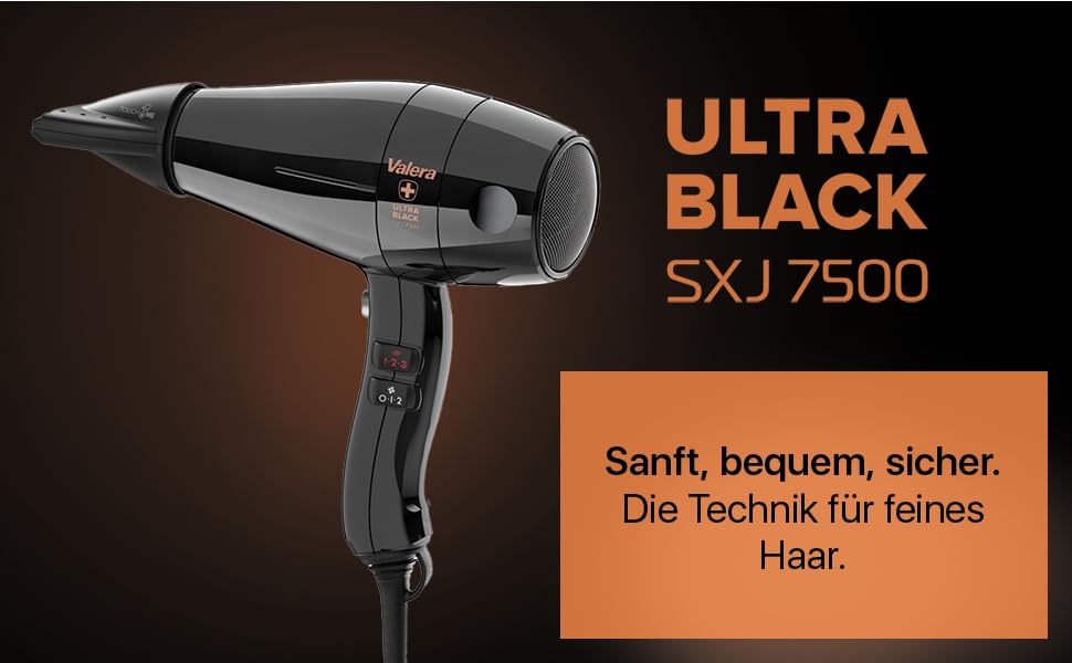 Професійний фен Valera Swiss Silent Jet Light 7500 Ultrablack: потужний мотор PM-Pro, 2000 Вт, іонізація, 6 температурних режимів