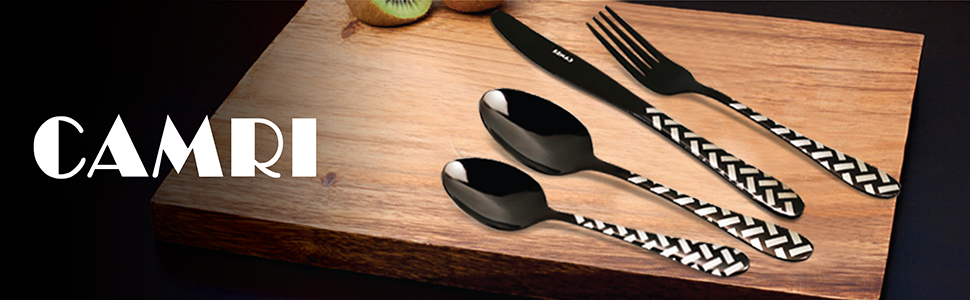 CAMRI Набір столових приборів – 16 предметів з нержавіючої сталі. Набір столових приборів, ножі, виделки, ложки. Комплект на 4 особи, придатний для миття в посудомийній машині. Кріз-чорний візерунок.