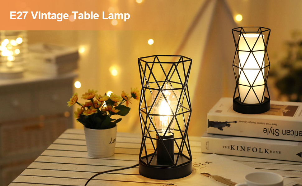 Настільна лампа з дерева та металу, вінтажний стиль, E14/E27, для дитячої, вітальні, спальні, бару (чорний)