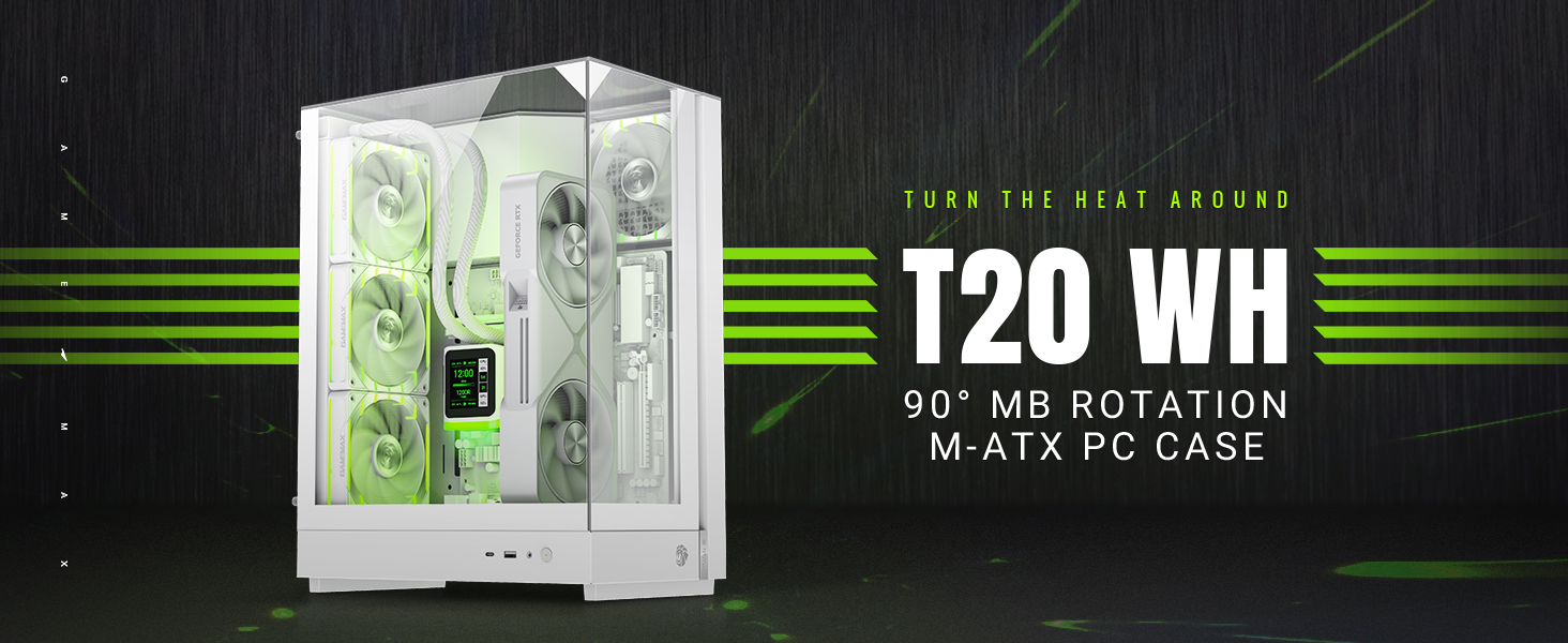 Ігровий корпус GameMax T20 BK M-ATX, панорамне загартоване скло 270°, вертикальна установка GPU, 2x120мм ARGB вентилятори, підтримка радіатора 360мм, SFX/SFX-L, BTF-Ready, чорний