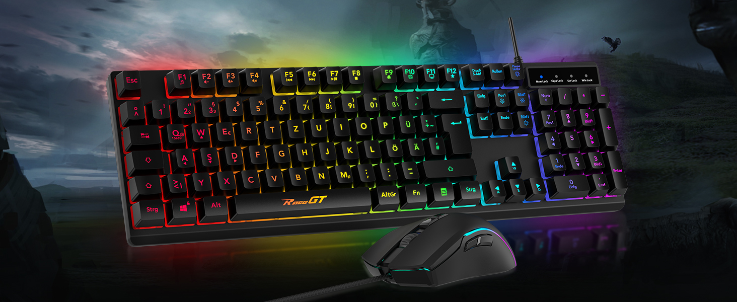 Ігрова клавіатура та миша RaceGT з підсвічуванням RGB, 104 клавіші, 7 кнопок миші, 6400 DPI, QWERTZ (DE-Layout)