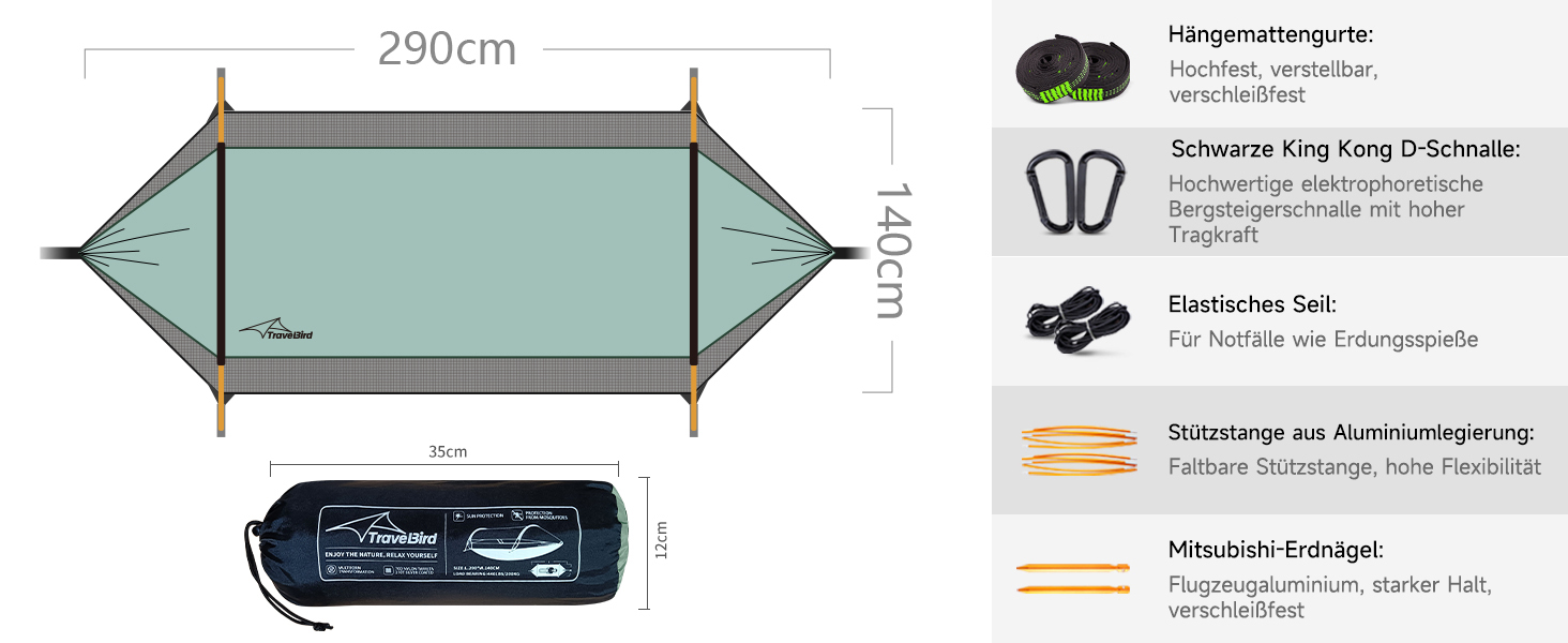 Гамак-намет для кемпінгу з москітною сіткою та сонцезахистом, 290x140 см, великий простір, багатофункціональний, легкий, з ременями для кріплення до дерева, підлоговий намет для відпочинку на природі, пішохідний туризм, зелений