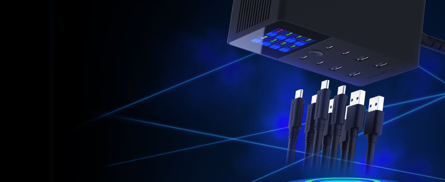 Зарядний пристрій Sabrent USB 60W, 10 портів, швидка зарядка для MacBook, ноутбуків USB-C, iPhone, Samsung Galaxy (AX-TPCS)