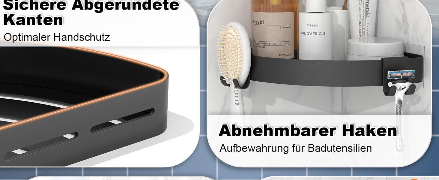 Дзеркальна поличка для душу кутова без свердління чорного кольору, 2 шт. з гачками для шампуню та мила, захист від іржі