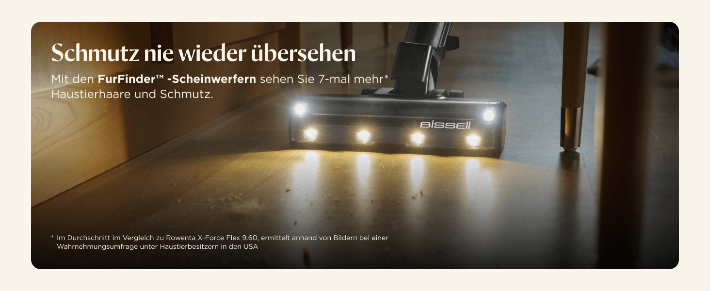 Бездротовий пилосос Bissell PowerClean FurGuard з акумулятором, 280W, самоочисна щітка, світло FurFinder, HEPA-фільтр, акумулятор 2500 mAh, час роботи 50 хв, щітка FurGuard 4091N для видалення шерсті тварин