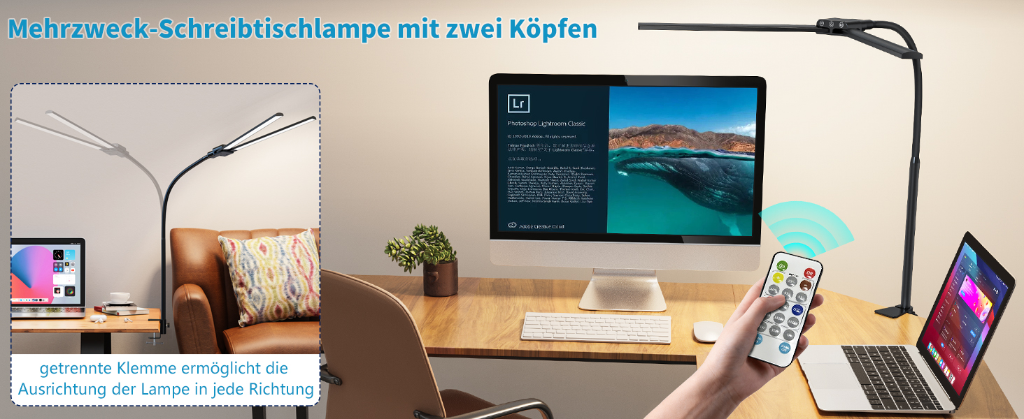 LED лампа для столу з двома головками, регульована яскравість, з пультом дистанційного керування, захист очей, для офісу та дому, денне світло, чорний