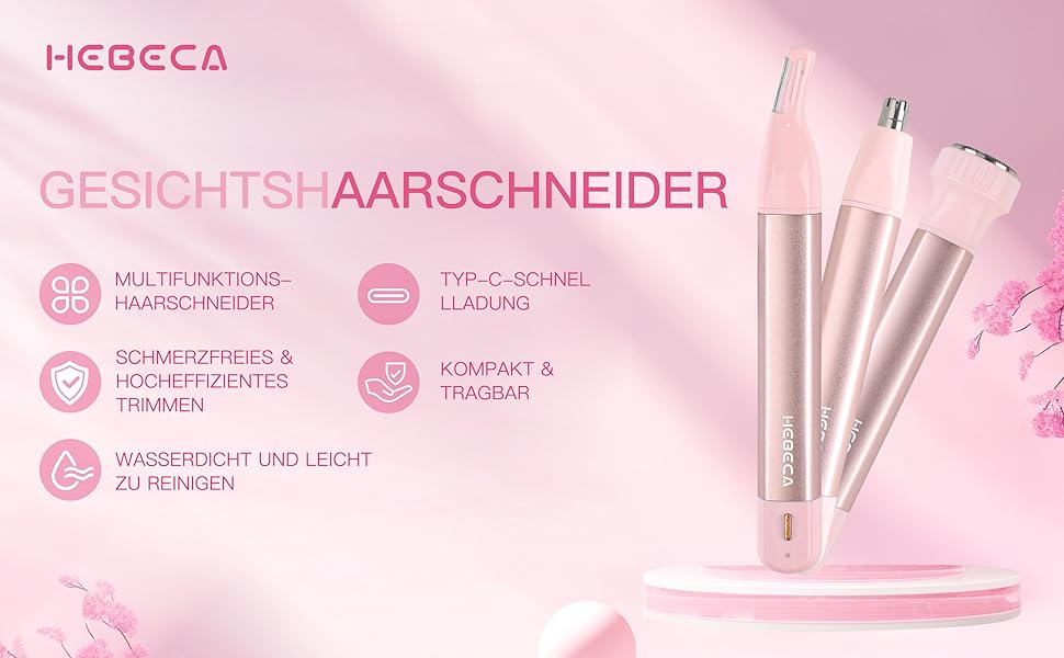 Електричний тример для обличчя для жінок 3-в-1: тример для брів, волосся на обличчі, носа. Бездротовий, вологостійкий, рожевий