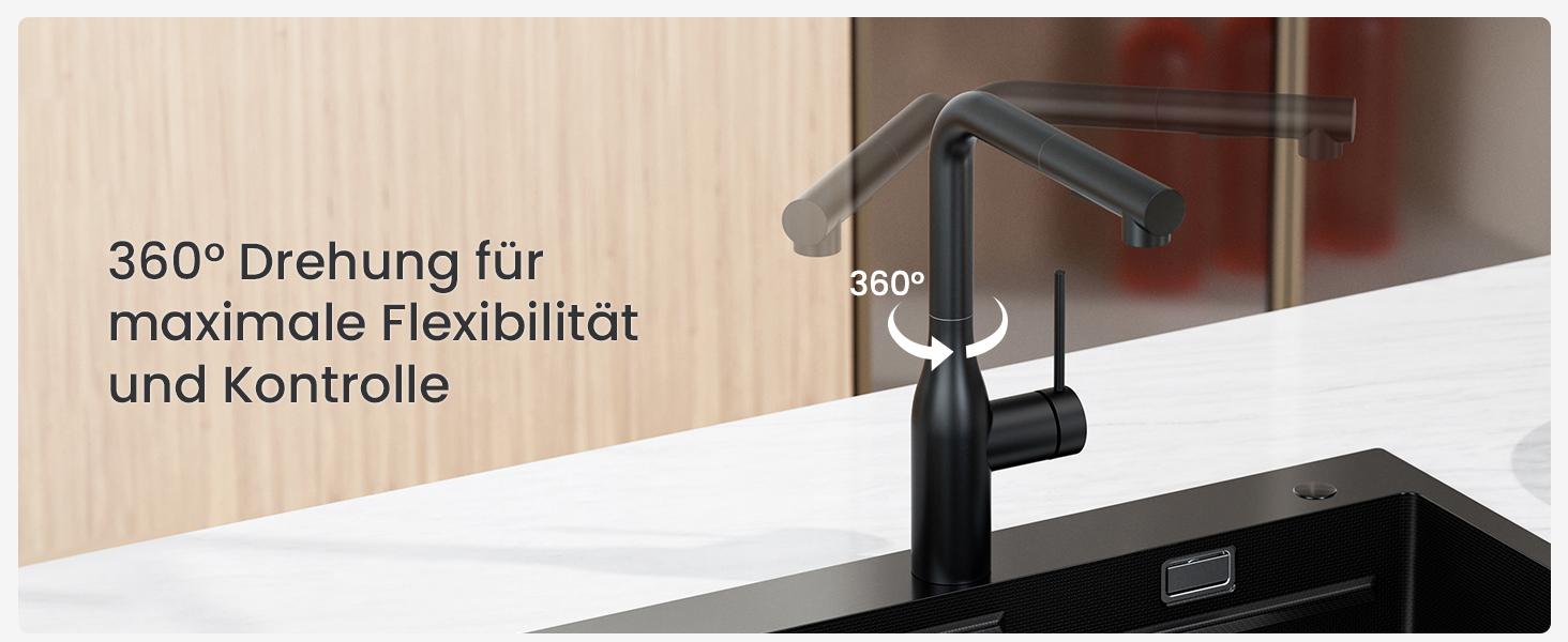 Кухонний змішувач CECIPA висувний, чорний, 360° поворот, міцний, без витоків, легка установка, з витяжною насадкою, матовий чорний