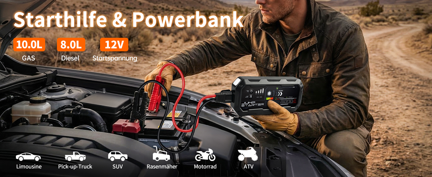 Бустер для автомобіля 8000A: Пусковий пристрій (Powerbank) для дизельних двигунів до 12л та бензинових до 10л