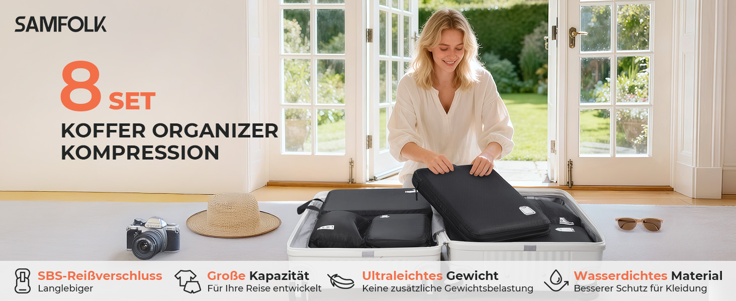 Набір кубиків-органайзерів для валізи (8 шт.) - кубики для подорожей, компресійні мішки, водонепроникні, чорні