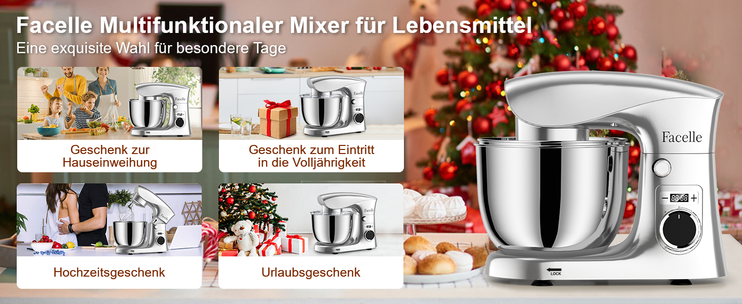 Кухонна машина-міксер Facelle 1500W з 5.5/4.5л чашею, 10+ програм, тиха робота, набір насадок (крюк, вінчик, віночок, захист від бризок)