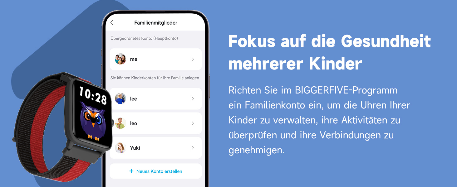 Смарт-годинник BIGGERFIVE для дітей, фітнес-трекер з пульсометром, крокоміром, моніторингом сну, водонепроникний (5ATM), будильник, 1.5' HD-сенсорний екран, для дівчаток та хлопчиків 3-14 років, ремінець нейлон, чорний/червоний