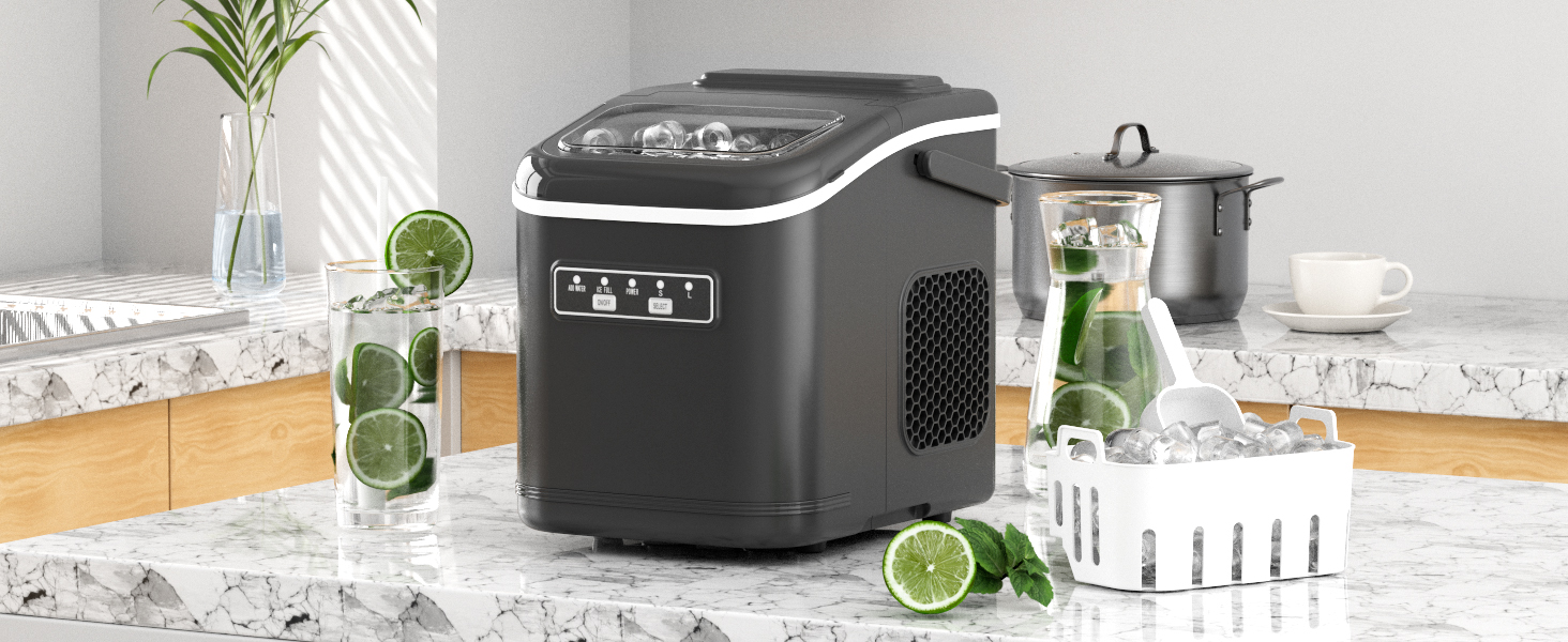 Машина для приготування льоду, 12 кг/24 год, чорна. Виробляє 9 кубиків за 6 хвилин, 2 розміри кубиків, самоочищення, з лопаткою та кошиком. Підходить для дому, офісу, бару, вечірки.