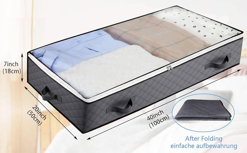 Коробки для зберігання під ліжком (3 шт.) з прозорим вікном та ручками - Складані контейнери для постільних речей, одягу, ковдр 60x45x15 см, темно-сірий