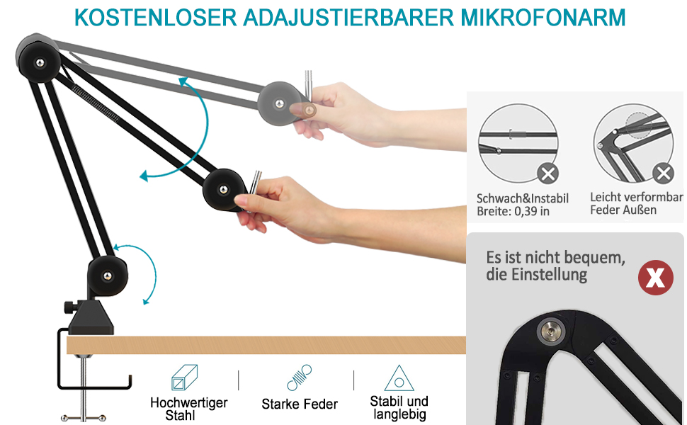 Кріплення для мікрофона на подовжувачі, регульоване, чорне. Сумісне з Blue Yeti, HyperX QuadCast. З адаптером 3/8' - 5/8'.
