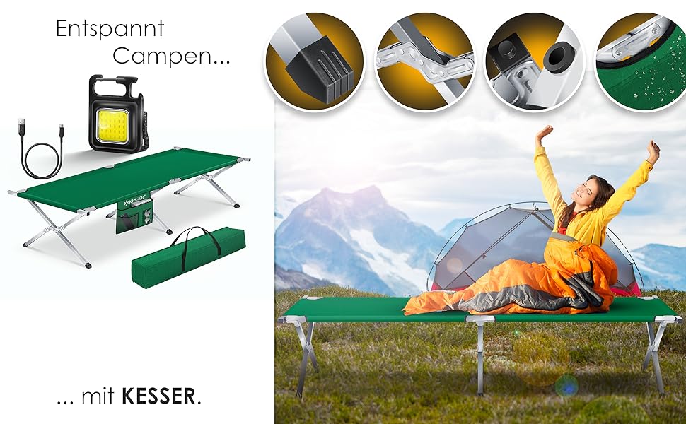 Кемпінг-ліжко KESSER® Klappbett з сумкою, ліхтарем та кишенею, 190 см, сталевий каркас, 600D Oxford, зручне для подорожей