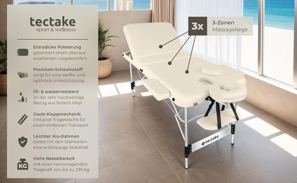 Масажне ліжко Tectake 3 зони, складане, з регулюванням висоти, з аксесуарами (ширина без підлокітників: 70 см, бежеве)