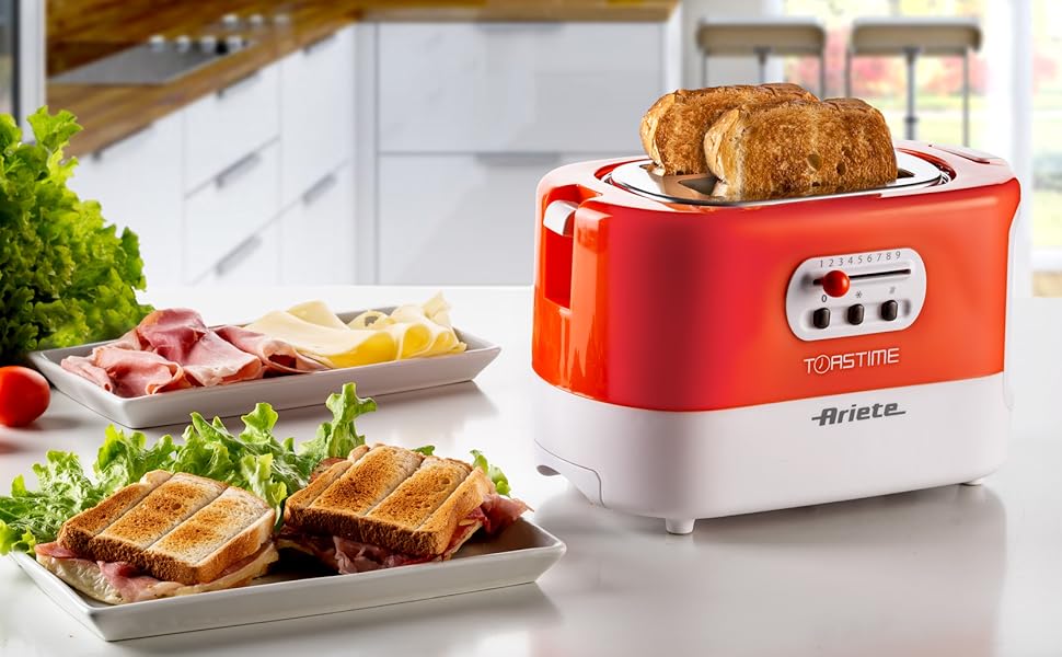 Тостер Ariete 159 Toastime з 2-ма слотами, з щипцями, функціями розморожування та підігріву, 700 Вт, нержавіюча сталь, білий/помаранчевий