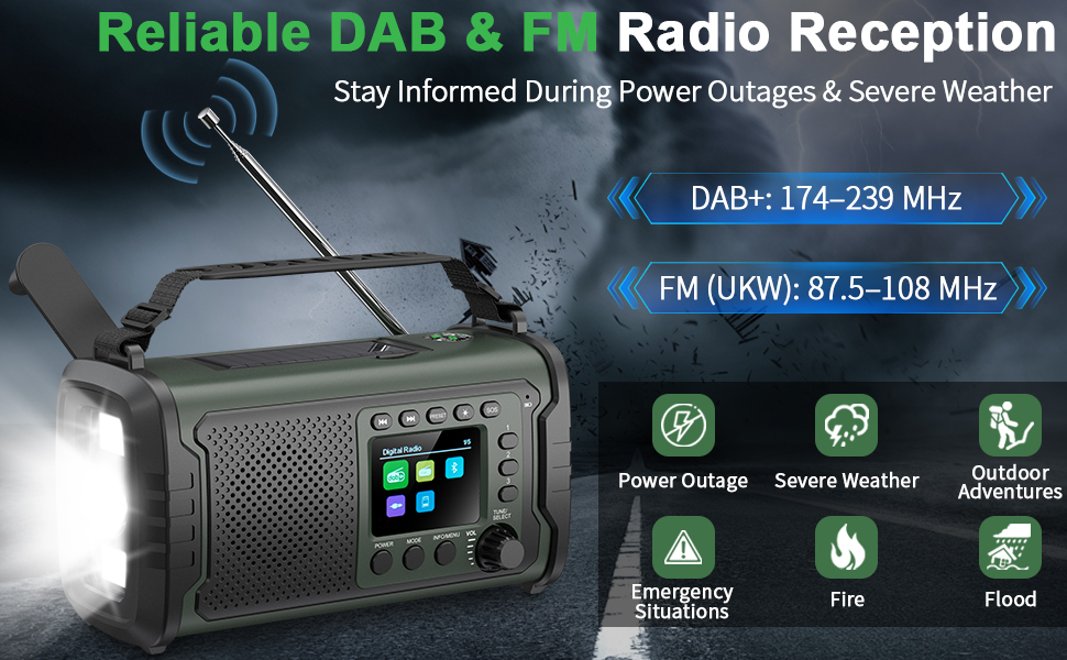Радіостанція невідкладної допомоги 27000mAh з ручним заводом, сонячною панеллю, USB-зарядкою, Bluetooth 5.3, функцією Powerbank, SOS-сигналом, ліхтарем, лампою для читання, компасом, слотом для TF-карти та міцним Outdoor-дизайном, армійного кольору