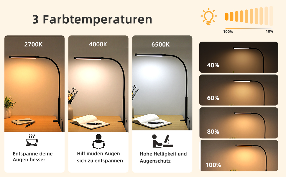 LED лампа для столу з кріпленням, регульована яскравість, 3 кольори та 10 рівнів, захист для очей, чорна
