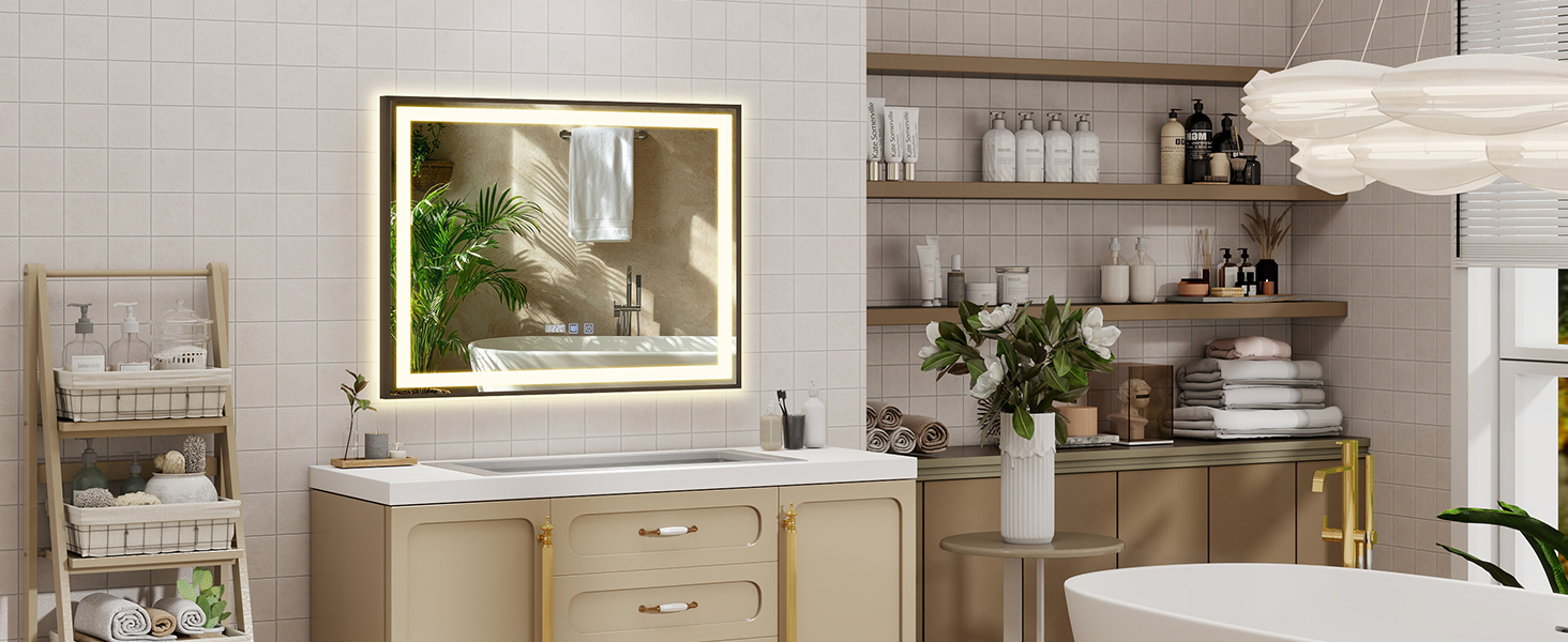 Дзеркало для ванної кімнати YU YUSING з підсвічуванням 60x80 см, антизапар, 3 кольори світла, регулювання яскравості, LED-дзеркало з годинником, IP44, вертикальне, срібло (чорний металевий каркас, 70x50 см)