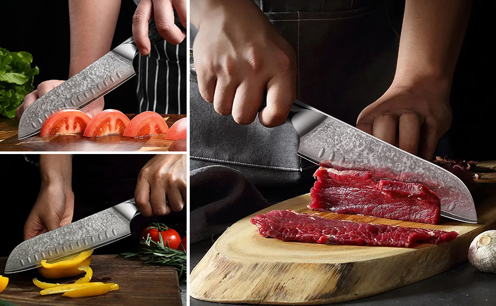 Японський ніж Santoku Kyushublade з дамаської сталі (67 шарів), з унікальною ручкою з карбону та золота, професійний кухонний ніж