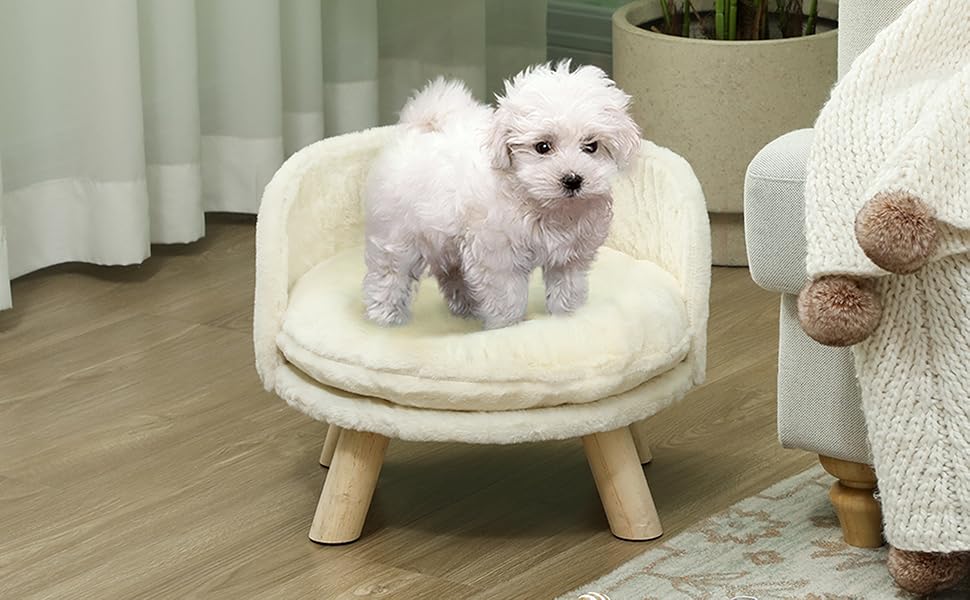 PawHut Софа для собак з подушкою, дерев'яні ніжки, миється, підняте ліжко для домашніх тварин, софа для котів та маленьких собак, 40,5 x 40,5 x 33 см (кремово-білий)