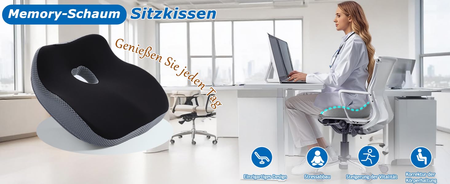Подушка для офісного крісла з Memory Foam: ортопедична підтримка куприка, зменшення тиску, широка подушка для офісу, авто, інвалідного візка - чорний/сірий
