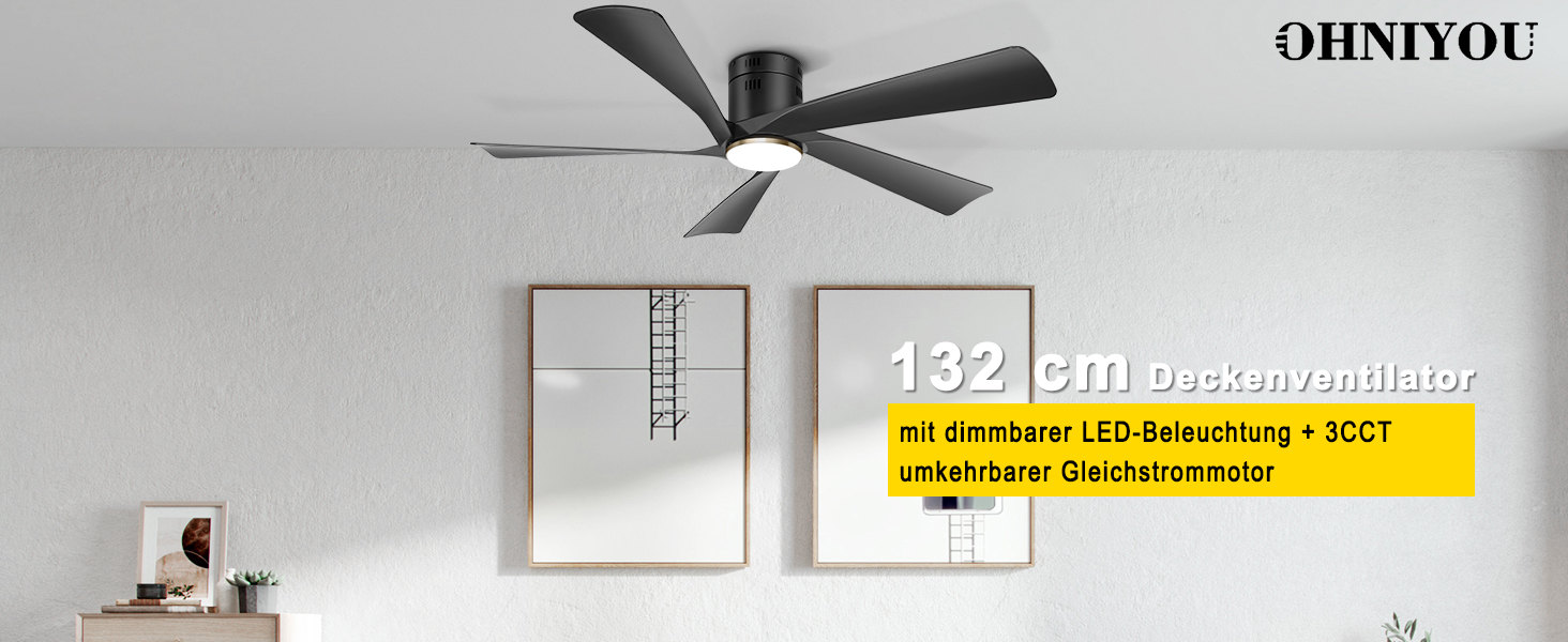 Стеляний вентилятор Ohniyou 132 см (52 дюйми) з підсвіткою, пультом та керуванням через додаток, регульована яскравість, тихий DC-двигун, для спальні, вітальні, тераси, чорний