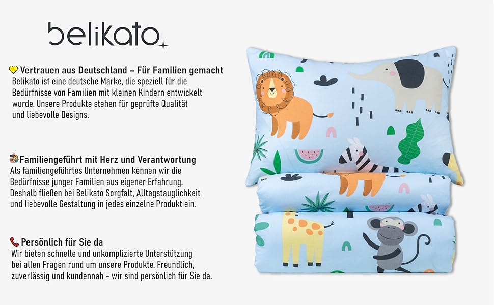 Комплект постільної білизни для дитячого ліжечка Kinder з 100% бавовни (100x135 см) з тваринами. Підходить для хлопчиків, легко періть при 60°C. Включає постільну білизну та подушку (40x60 см).