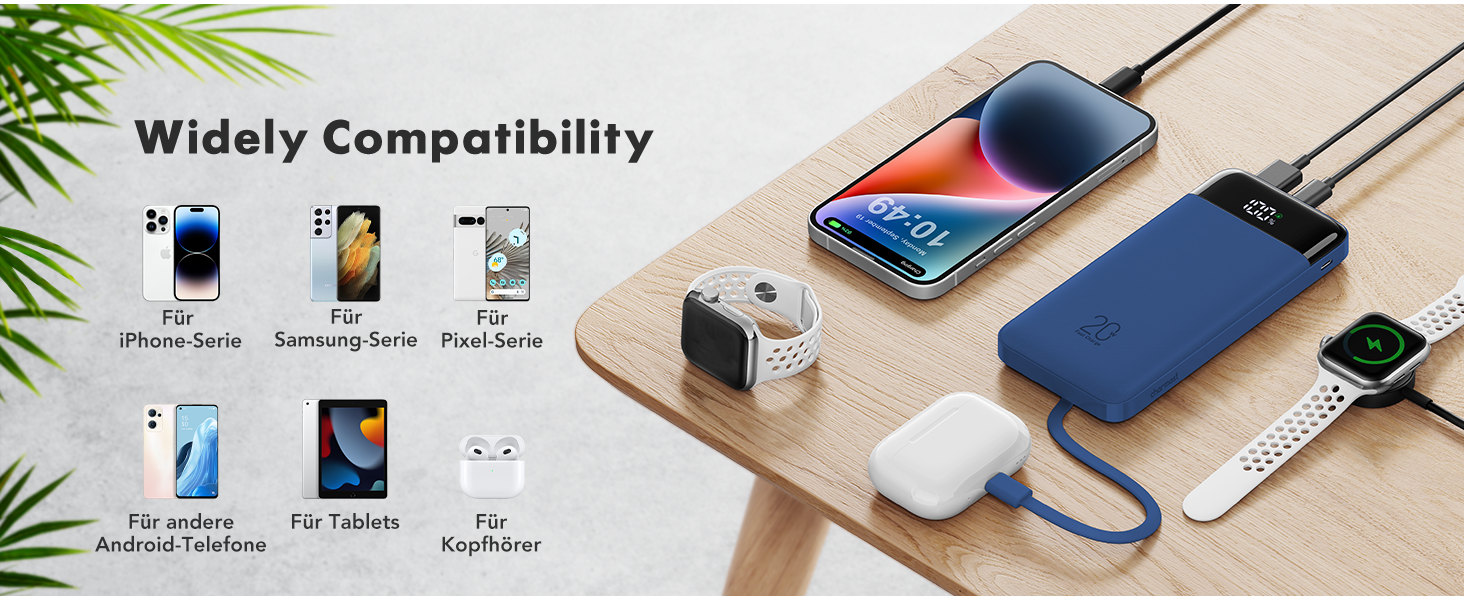 Power Bank Charmast 20000mAh з LED-дисплеєм та 4 кабелями, 22.5W, USB C PD3.0 QC4.0, 6 виходів, сумісний з iPhone та Samsung