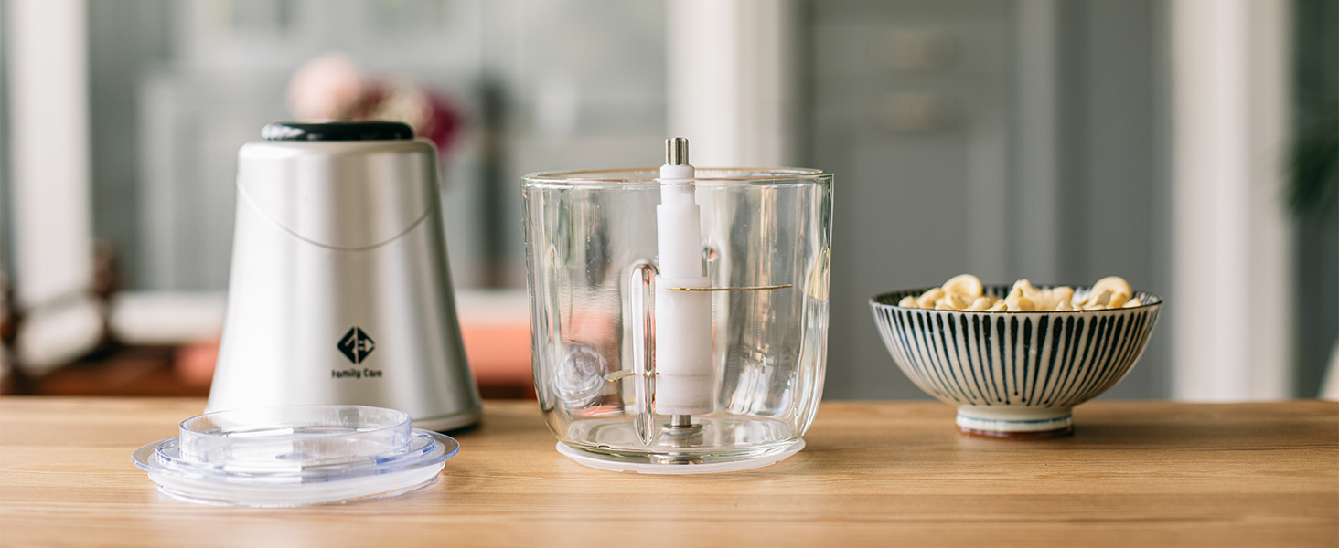 Електричний подрібнювач Family Care для кухні: 3 титанові леза, 300W, скляна чаша 600 мл, багатофункціональний, для м'яса, цибулі, овочів, горіхів, льоду
