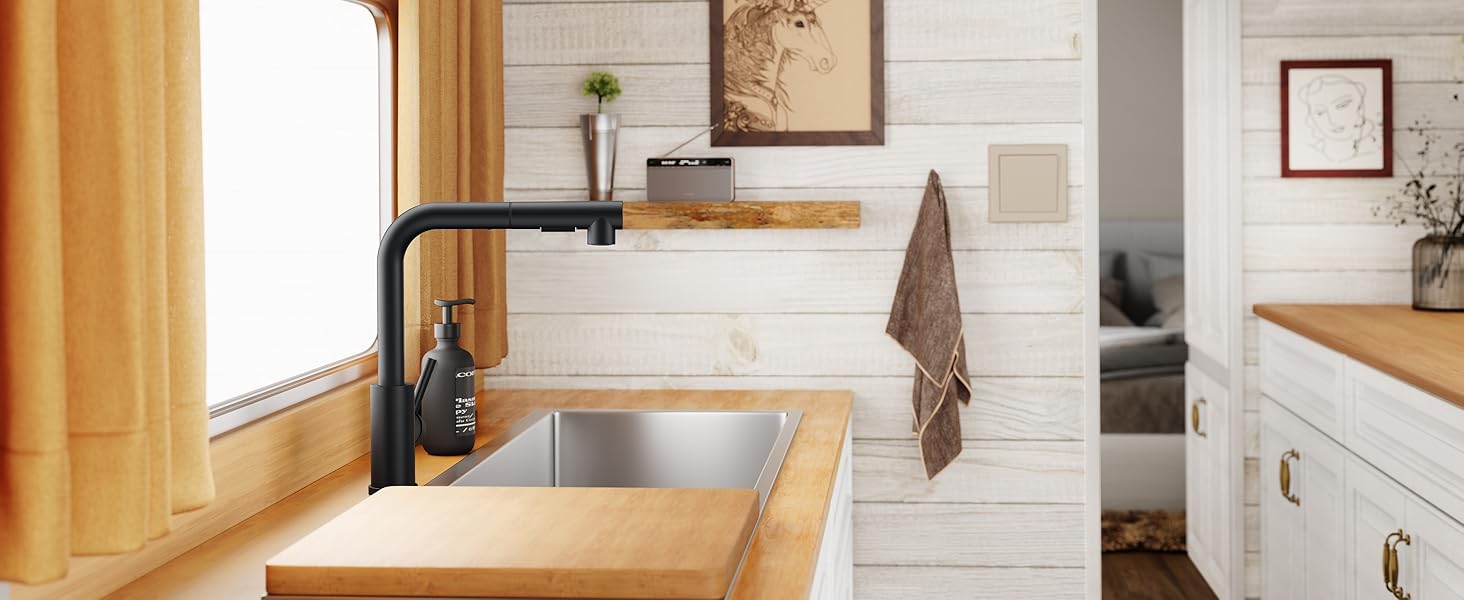 Змішувач кухонний FORIOUS висувний з душем, шланговий, нержавіюча сталь, 360° обертання, 2 режими, L-подібний