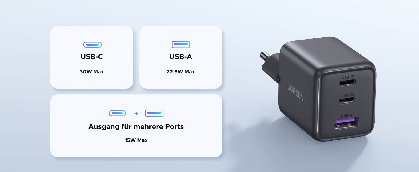 Зарядний пристрій UGREEN 30W USB-C з 3 портами GaN II для iPhone, iPad, Galaxy, Pixel - Швидка зарядка PD