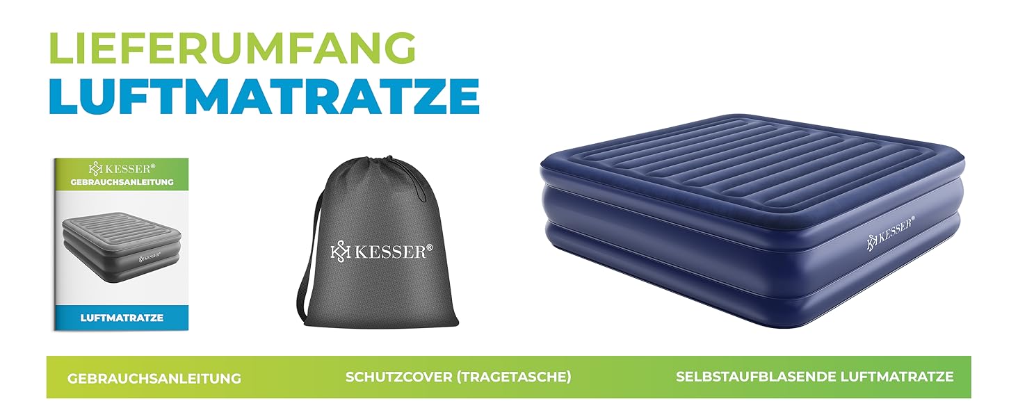 Надувний матрац KESSER® з електричним насосом, самонадувний, для гостей, кемпінгу та дому. Розмір: 203 x 95 x 51 см, чорний, на 1 особу.