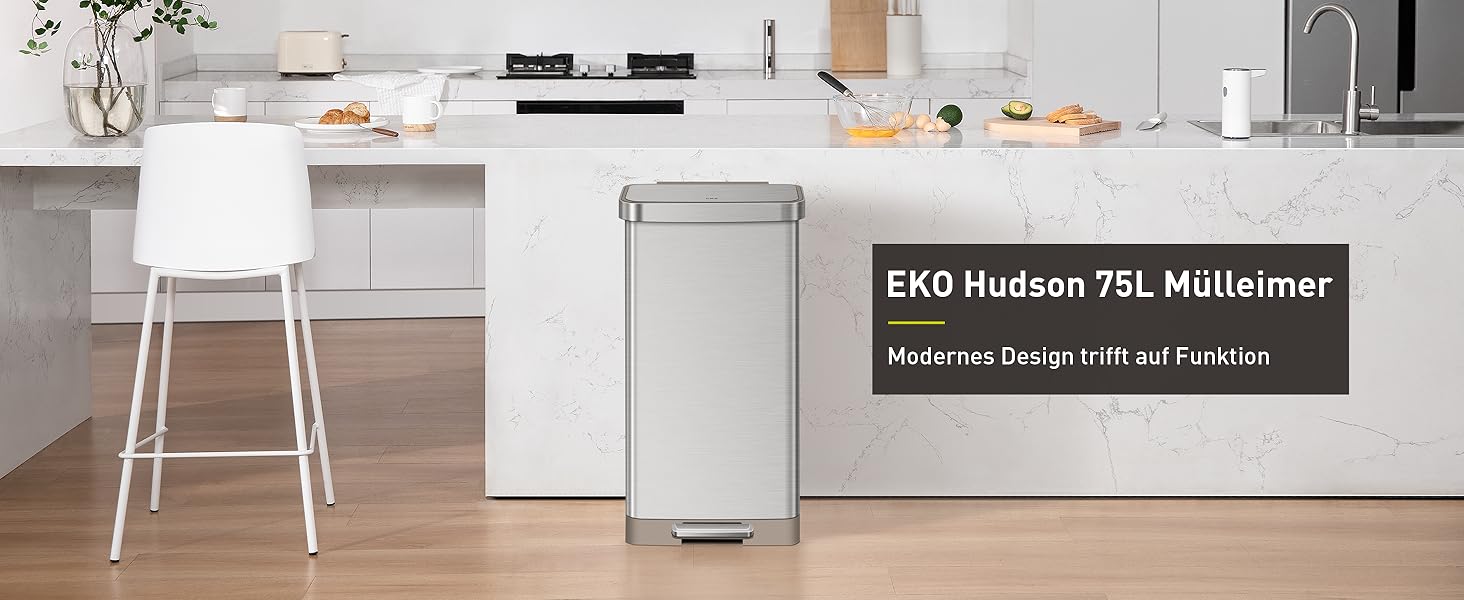 Відро для сміття EKO Madison 30 л з висувним контейнером, м'яким закриттям кришки, стійке до відбитків пальців, нержавіюча сталь, прямокутне, з 20 мішками для сміття 75 л