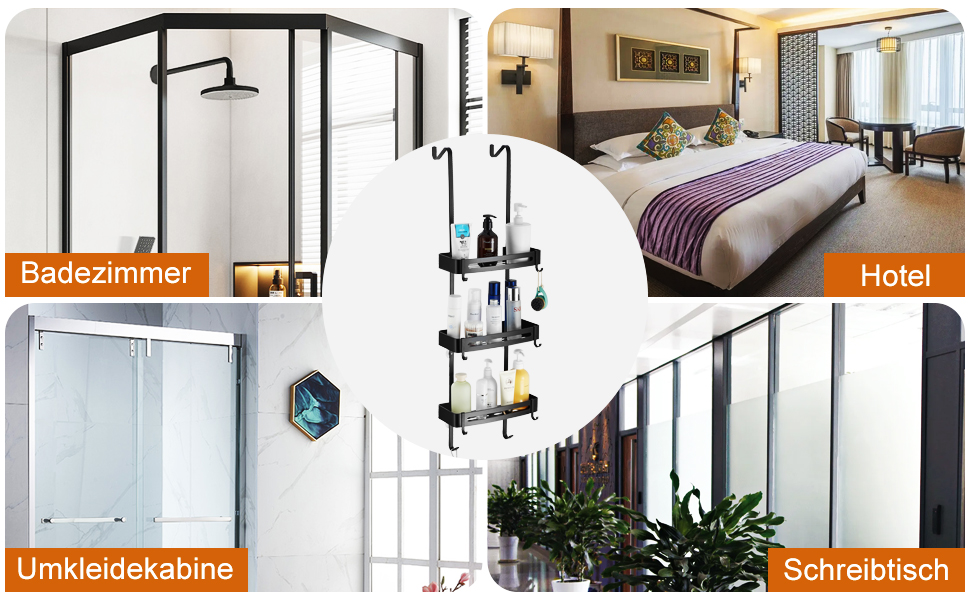 Двоярусна полиця для душу MOGFCT з гачками, з нержавіючої сталі, для ванної кімнати, чорна