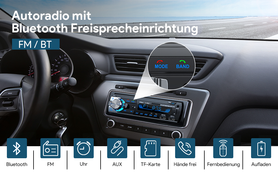 Автомобільна магнітола 1 DIN з Bluetooth, FM-радіо, MP3-плеєром, гучним зв'язком, керуванням на кермі, 2 USB для музики та зарядки