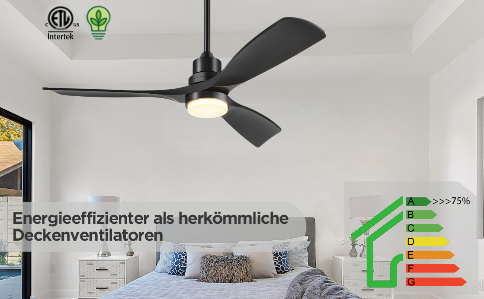 Стеляний вентилятор з підсвічуванням та пультом дистанційного керування, тихий DC двигун, 132 см/52 дюйми, 3 дерев'яних лопаті, таймер, 6 швидкостей, сертифікований ETL, режим літо/зима для спальні (132 см/52 дюйми, Чорний)