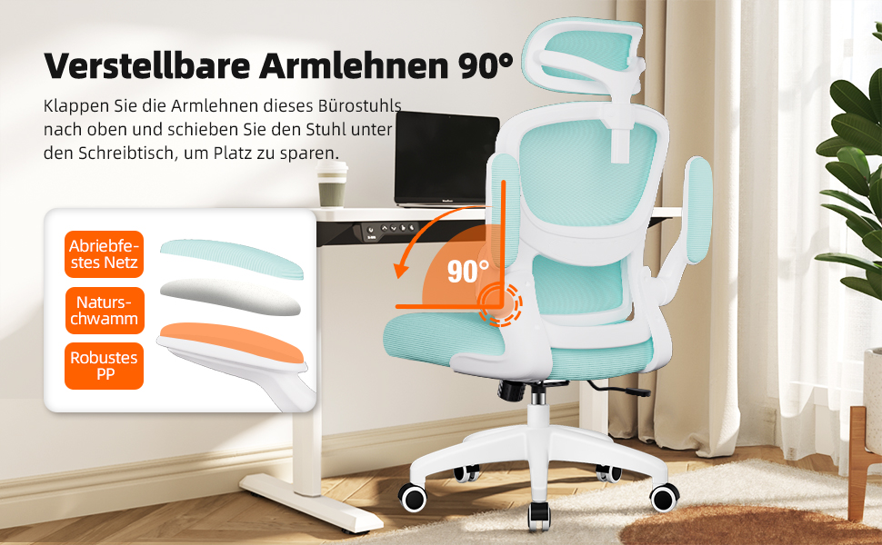 Ергономічне крісло для офісу з регульованою підголівником, поперековою підтримкою та відкидними підлокітниками, крісло для начальника, 150 кг, функція гойдання до 135° (Блакитно-зелений, Модель 2)