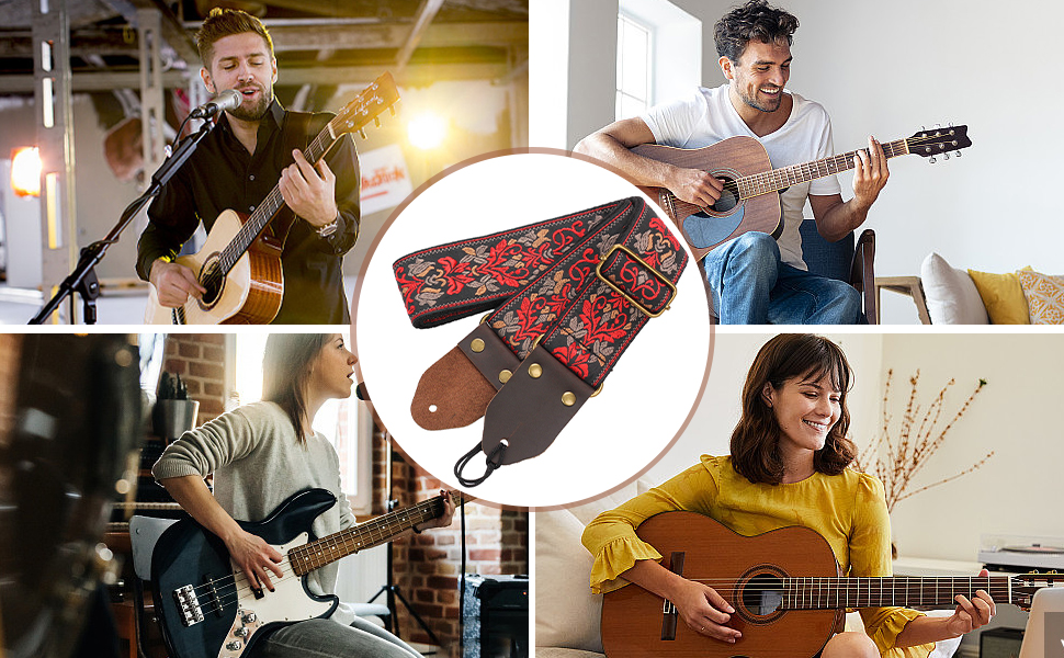 Гітарний ремінь з бавовни для акустичної гітари, 2 шт. Вишитий гітарний ремінь для бас-, електро- та акустичних гітар, безкоштовна пряжка, замок для ременя та медіатор, ретро-червона квітка