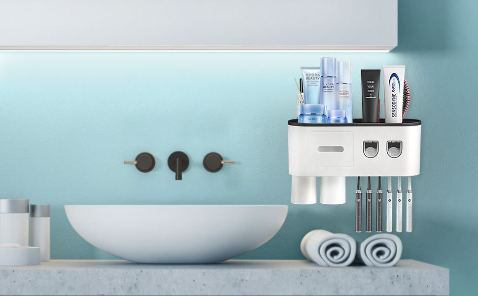 Wall-Mounted Toothbrush Holder with 2 Automatic Toothpaste Dispensers, 6 Toothbrush Slots, 3 Magnetic Cups, 1 Storage Drawer, and Large Storage Shelf