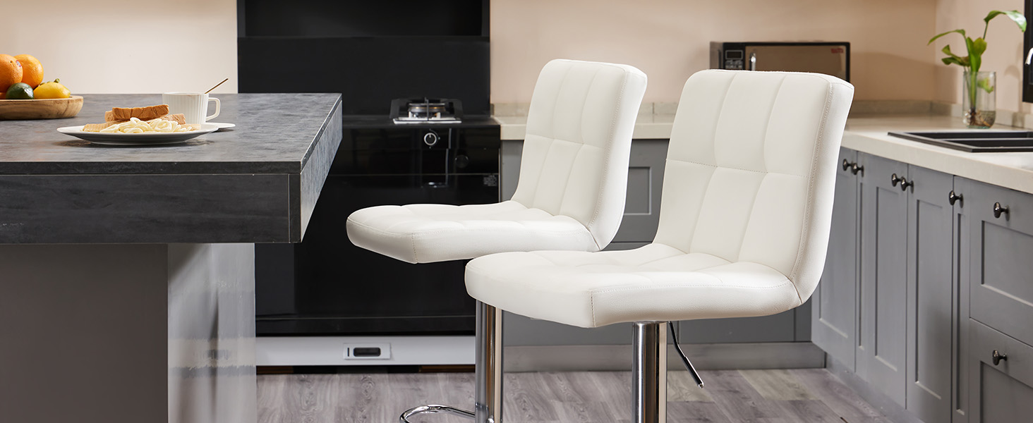 DUMOS 2-Piece Adjustable Bar Stool Set - Modern Style Metal Bar Stools for Kitchen, Bar, and Living Room (White)