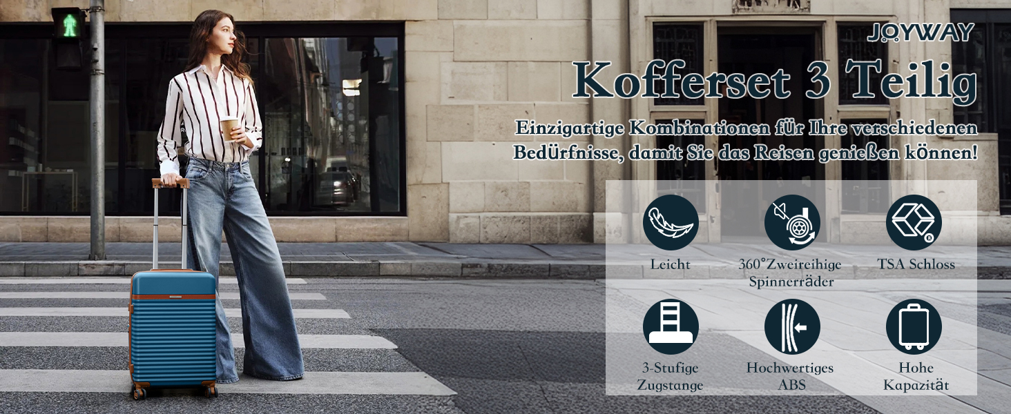 Чемодан Joyway ABS з розширенням, набір 3 шт. (55 см) з TSA-замком, білий (морський блакитний), включає сумку та кулькову косметичку