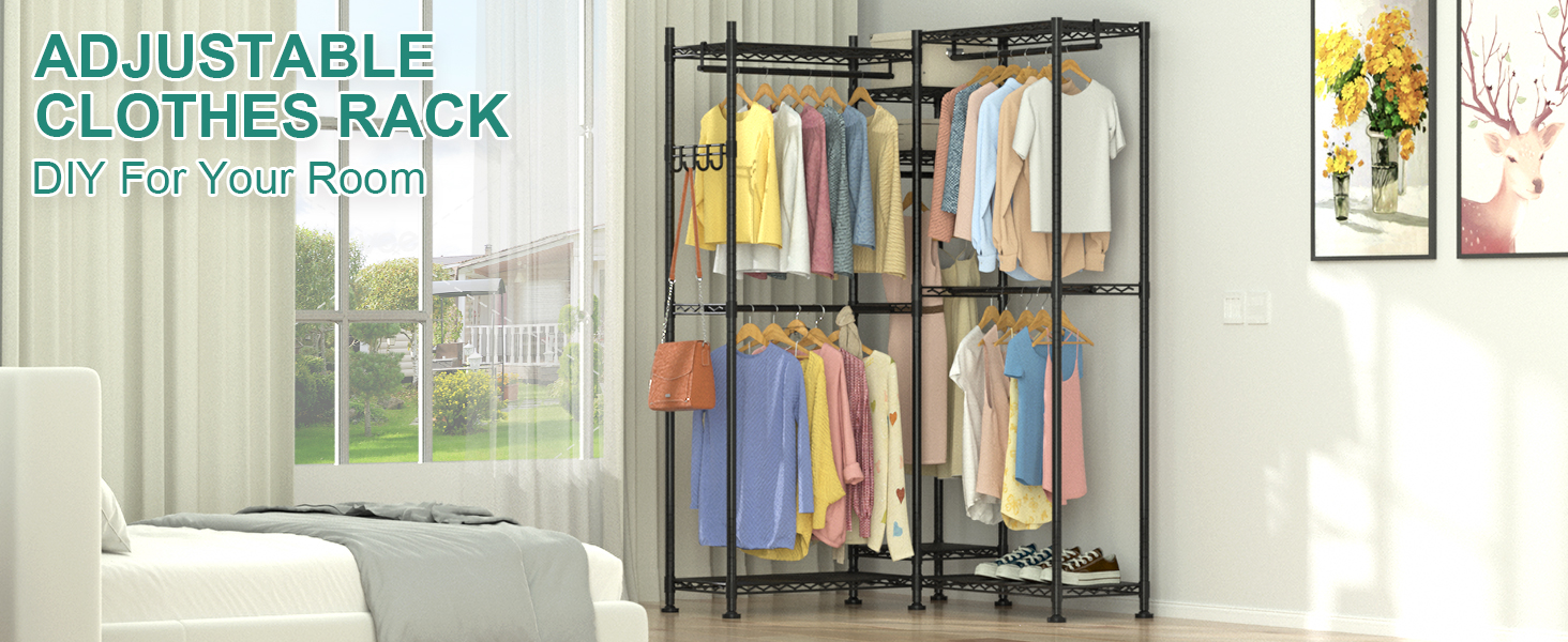 Clothes Rack, Clothes Rack, 4-Tier, Adjustable Closet Organizer System with Drawer | Double Rods | Side Hooks | Holds 445 lbs (L-shaped Clothes Rack for Corners)